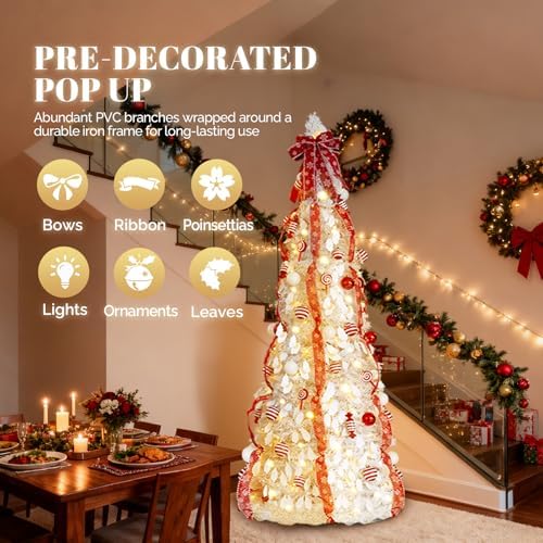VINGLI 6ft Pop up Artificial Christmas Pine Tree with 100 Warm White Lights, Xmas Tree Holiday Party Decorations with Sturdy Metal Stand (Red&White)