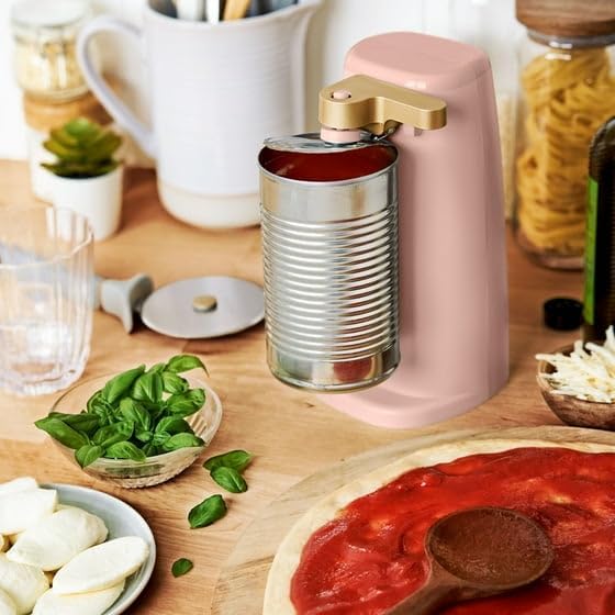 B'eautiful Easy-Prep Electric Can Opener with 70-watt motor effectively, Auto-turn & One-Touch Operation Built-in knife sharpener and bottle opener by D'rew Barry'more (Rose)