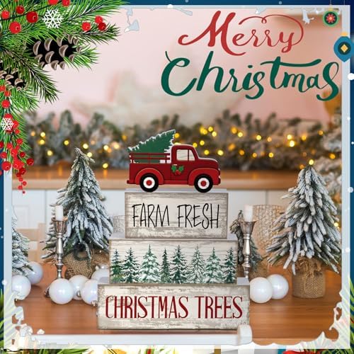 Lineshading 4 Pcs Christmas Table Decor, Red Truck Tree Wood Block Sign