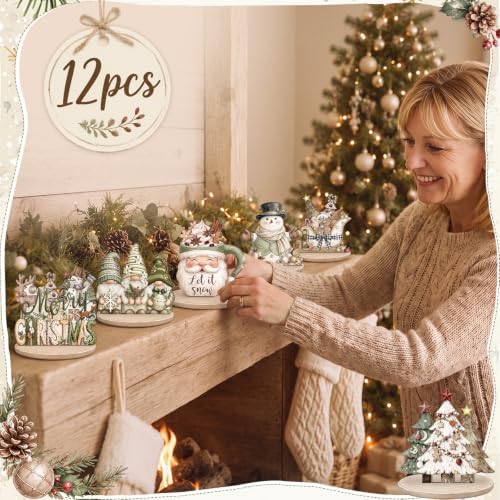 Leinuosen 12 Pcs Christmas Table Decoration Neutral Christmas Tiered Tray Decor Wooden Santa Claus Table Centerpiece Snowman Gnomes Wreath Farmhouse Xmas Decor for Home Kitchen Coffee Bar Shelf Indoor