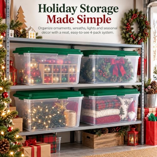 113 Qt Christmas Storage Bins with Lids, 4 Pack Clear Plastic Containers