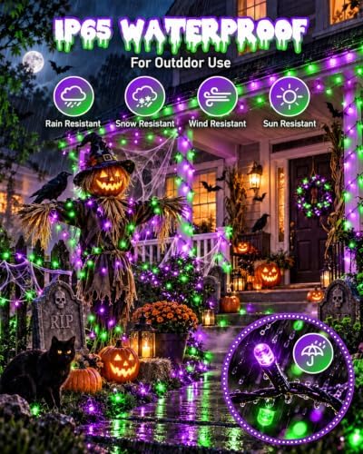 OZS Solar Halloween Lights Outdoor, Purple and Green 2 Pack 240LED