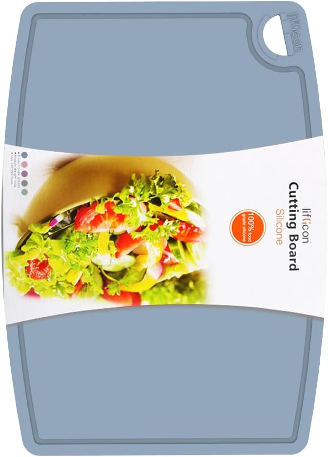 Thick Silicone Cutting Board 12.6'' x 9.1'' Foldable & Flexible Design Juice Grooves Easy Grip Handle Dishwasher Safe-Light Blue