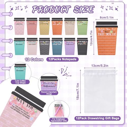 12 Set Employee Appreciation Gifts Bulk Team - 12 Coffee Cup Notepad+ 12 Ballpoint Pens+ 12 Drawstring Gift Bags + 12 Keychain, Bulk Gifts for School Office Christmas Teacher's Day Coworker Nurse Employee