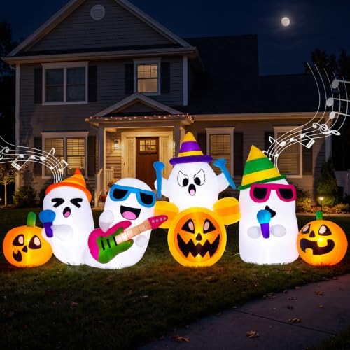 Joiedomi 8FT Long Halloween Inflatable Ghost Band with Music, Blow Up Pumpkin Ghost Yard Decorations with Build in LEDs, Inflatable Halloween Outdoor Decorations Indoor Holiday Party Garden Decor