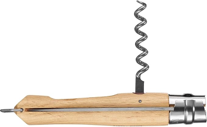 Opinel No. 10 Stainless Steel Corkscrew Wine and Cheese Folding Knife, Integrated Corkscrew + Bottle Opener, Beechwood Handle - Picnic Pocket Knife Made in France (Updated Version)