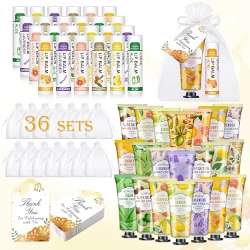 KONEUK 36 Pack Hand Cream Bulk and Lip Balm Bulk Sets, Party Favors