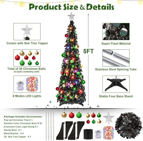 N&T NIETING Pop Up Black Tinsel Christmas Tree, 5Ft Collapsible with Lights & 30 Balls, Skinny Christmas Tree Decor for Holiday Xmas Home Office