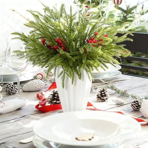 45 Pcs Christmas Norfolk Pine Branches Red Berry Stem Faux Christmas Sprigs