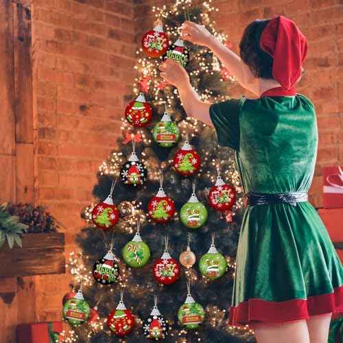 Outus 16 Pcs Christmas Ball Ornaments for Tree Red and Green Merry Christmas Hanging Ornaments Xmas Elf Balls for Tree Decoration Xmas Gifts Farmhouse Home Fireplace Decoration Holiday Party Favors
