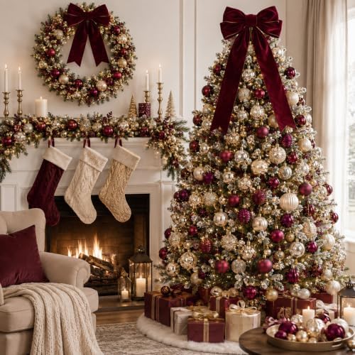 Lunmon 64 Pcs Burgundy and Gold Christmas Ball Ornament 1.57/1.97/2.36 Inch