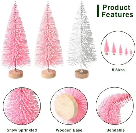 30Pcs Mini Christmas Trees Artificial Christmas Tree Bottle Brush Trees with Wooden Base for Christmas Decor Christmas Party Home Table Craft Decorations(Pink+White)