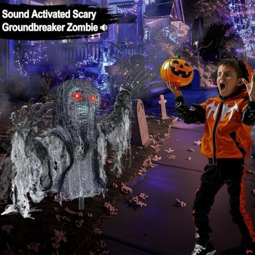 Talking Zombie Groundbreaker Halloween Animatronic with Red Eyes
