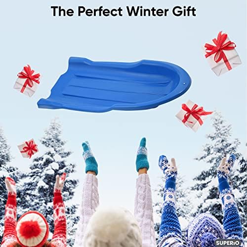 Superio Toboggan Snow Sled for Kids and Adults, 46" Heavy Duty Plastic Open Back Slider with Handles and Hole for Pull Ropes- (Ropes Excluded) Kid and Adult Winter Fun