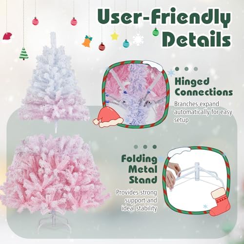 HAPPYGRILL 5 FT Pre-lit Flocked Christmas Tree Pink Hinged Xmas Tree with 456 Branch Tips, 180 Warm White LED Lights & Folding Metal Stand, for Home Office Carnival