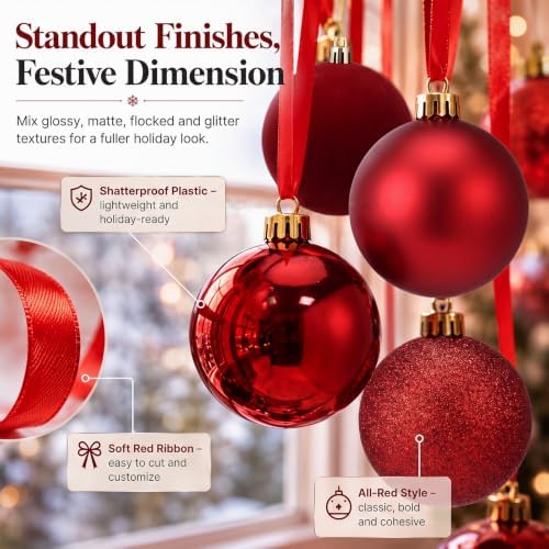 56 Pcs Red Christmas Window Hanging Ball Ornament Window Decorations Set