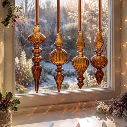 12 Pcs Vintage Glass Finial Christmas Ornaments, Dark Brown