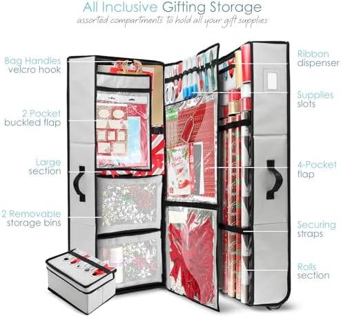 Hearth & Harbor Wrapping Paper Storage Container with Ribbon Dispenser and Interior Pockets - Large Christmas Storage Containers with Wheels, Fits 30 Rolls of 40" Length, Silver
