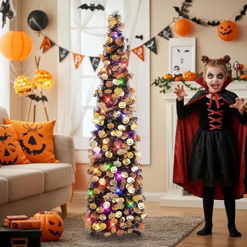 N&T NIETING Halloween Tree Decorations with Lights, 5FT, Black Purple