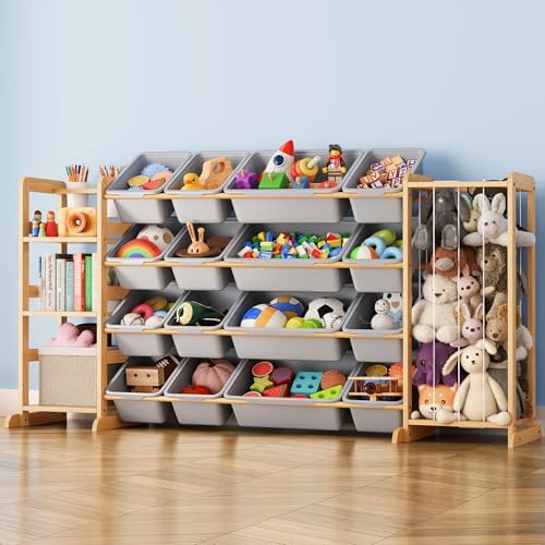 Toy Storage Organizer with Bookshelf and Stuffed Animal Storage - Kids Playroom Organization with 3 Shelves and 16 Toy Bins - Toddler Living Room Toy Box for Lego - Nursery Bedroom Decor Essential