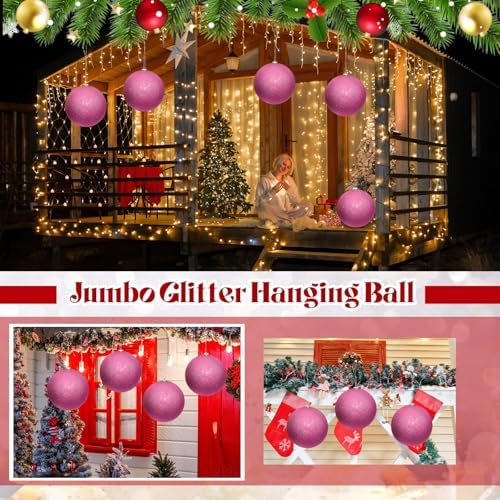 Zubebe 6 Pcs 8" Jumbo Christmas Ball Ornaments Lawn,Pink Glitter