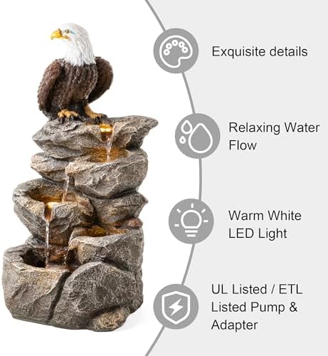 Glitzhome Outdoor Water Fountain with Lights, 4-Tiered Eagel Outdoor Fountain, 25.25" H Polyresin Decorative Waterfall Feature Garden Fountain with Pump for Garden, Patio, Yard, Deck, Porch Decor
