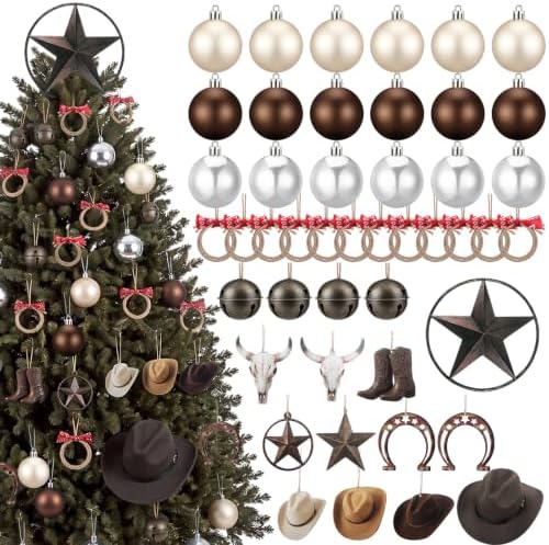 46 Pcs Western Christmas Tree Decorations Star Tree Topper Cowboy Hat Christmas Balls Bow Napkin Rings Metal Bells Western Cowboy Hanging Ornaments for Xmas Home Office Decorations