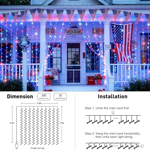 JMEXSUSS 300LED Red White & Blue Curtain Lights for 4th of July, 9.8x9.8ft