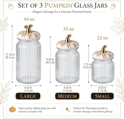 Mimorou 3 Set Fall Pumpkin Glass Jar with Pumpkin Airtight Ceramic Lid 44 oz 33 oz 22oz Clear Candy Jar Food Storage Canister for Thanksgiving Party Tea Cookie Table Decoration (White and Gold B)
