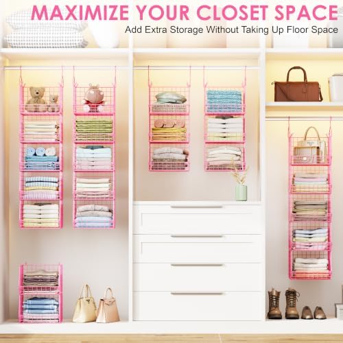 5 Tier Closet Hanging Organizer, Clothes Hanging Shelves with 4 Hanging Hooks 5 S Hooks, Wire Storage Basket Bins, for Clothing Sweaters Shoes Handbags Clutches Accessories Patent Design-Pink