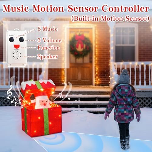 PEIDUO Animated Christmas Santa in Lighted Gift Box, Motion Sensor Christmas Music Decorative Lights, Under The Christmas Tree Present Decorations for Indoor Outdoor Yard Home Holiday Decor