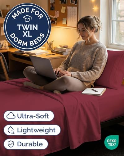 Twin XL Size 3 Piece Sheet Set - Breathable & Cooling Sheets - Burgundy