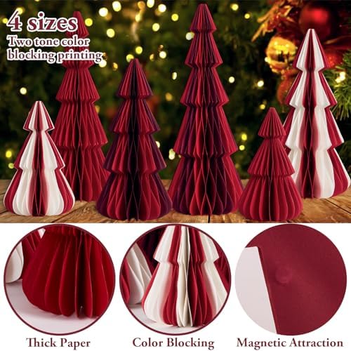 SUNBEAUTY 6 PCS Honeycomb Paper Christmas Tree Red White Paper Christmas Tree Decor 3D Honeycomb Trees Table Centerpiece Vintage Reusable Table Decor for Xmas Holiday Home Party Decorations