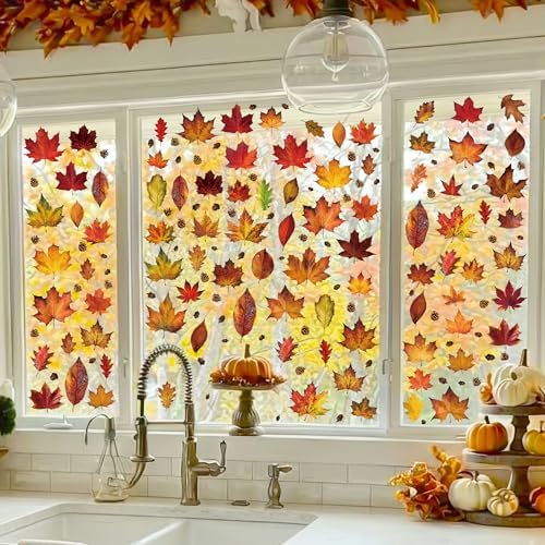 336 PCS Fall Window Clings, 9 Sheets Autumn Decorations, Maple Leaves Pattern Double Sided Stickers Decal, Autumn Window Clings for Fall Decorations Accessories Home Indoor Outdoor Accessories Decor
