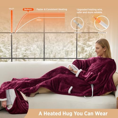 Bedsure Wearable Heated Blanket with Foot Pocket & Sleeves, 50x71+18", Red