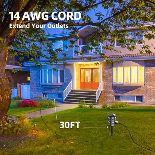 TiFFCOFiO Outdoor Power Strip with Stake, 30 FT Extension Cord Waterproof, 6 Grounded Outlets for Outdoor Lights, 14 AWG, 15A/1875W, ETL Listed