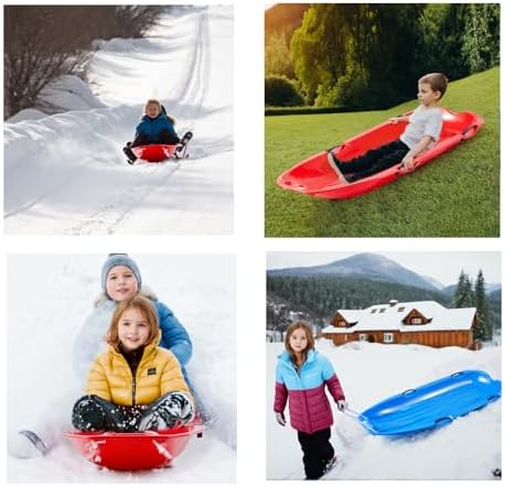 Toboggan Snow Sled for Adults, 48in Plastic Sleds with Pull Rope and 4 Handles, Outdoor Plastic Snow Sled for Kids and Adults