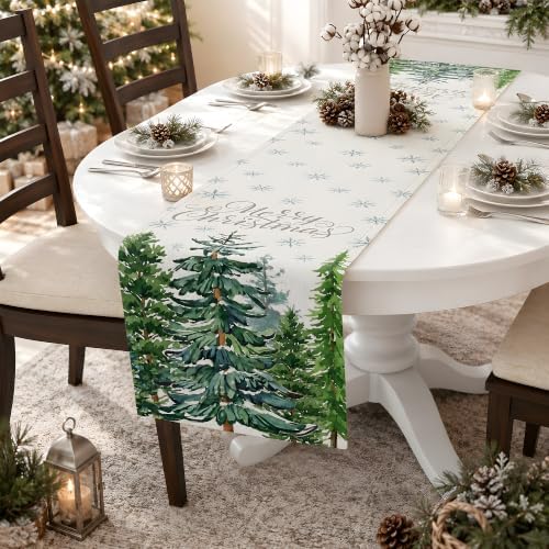 Christmas Decorations - Pine Tree Snowflake Merry Christmas Table Runner