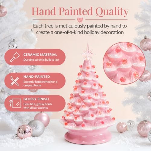 Best Choice Products 15in Ceramic Christmas Tree, Pre-lit Hand-Painted Tabletop Pinkmas Holiday Tree, Star Topper, 64 Lights - Pink w/Pink Bulbs