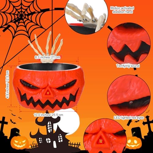 Chalyna Motion Activated Halloween Pumpkin Candy Bowl with Animated Hand