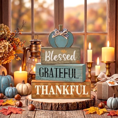 Lineshading 4 Pcs Fall Table Decor for Home, Blue Wooden Pumpkin Block Sign