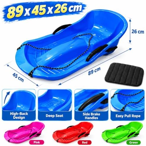 2 Pack Snow Sleds 89 x 45 x 26 cm, Plastic Toboggan Sleds with Brake Handles, Pull Ropes and Seat Cushions, High Back Snow Sled for Winter Outdoor Sliding, Blue Pink Red Green