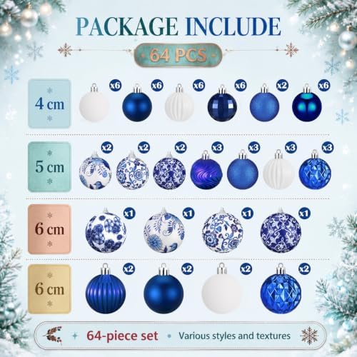 Lunmon 64 Pcs Chinoiserie Christmas Ornaments Blue and White Xmas Bulbs