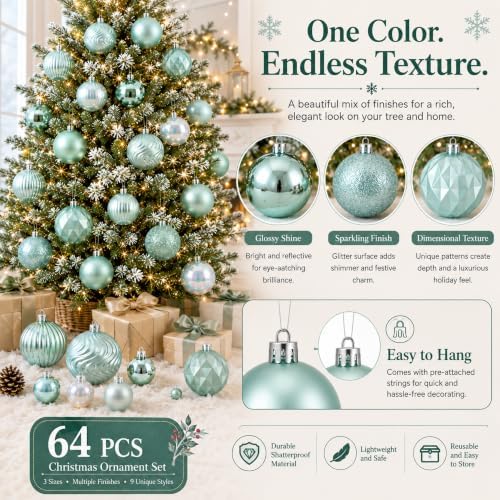 Lunmon 64 Pcs Teal Christmas Ball Ornaments Iridescent Clear Xmas Bulbs
