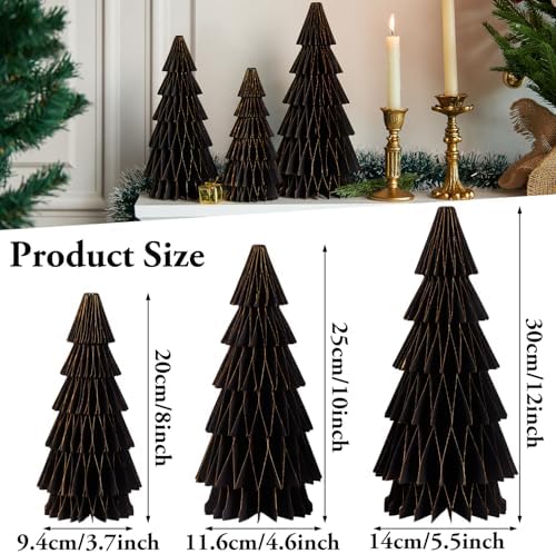 SUNBEAUTY 3PCS Black and Gold Honeycomb Paper Christmas Tree, 3D Christmas Tree Table Centerpiece with Magnetic Attachment,Christmas Winter Newyear Party Holiday Home Decor