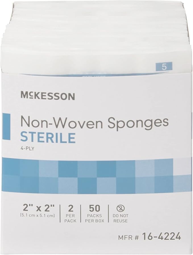 McKesson Non-Woven Sponges, Sterile, 4-Ply, Polyester/Rayon, 2 in x 2 in, 2 per Pack, 50 Packs, 100 Total