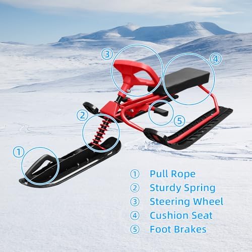 TOPINCN Snow Racer Sled, HDPE Material, Steering Wheel and Twin Brakes, for Kids and Teens, Size 47.2 X 19.7 X 15 in