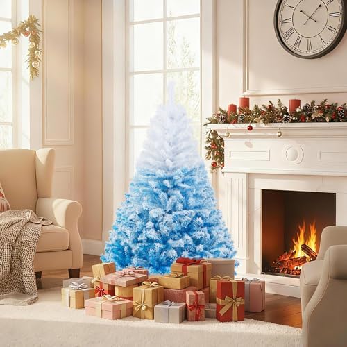HAPPYGRILL 5 FT Flocked Christmas Tree Blue Hinged Xmas Tree with 456 Branch Tips & Folding Metal Stand, Artificial Christmas Tree for Home Office Carnival