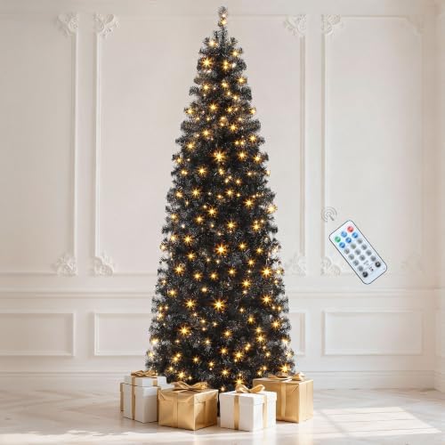 DWVO 7.5ft Pre-Lit Black Halloween Pencil Christmas Tree 350 Lights