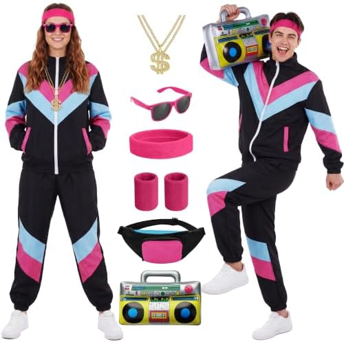 SOMSOC 80s Tracksuit for Men Women Halloween Costume Retro Windbreaker Set Neon 90s Outfit Couple Jogger Suit